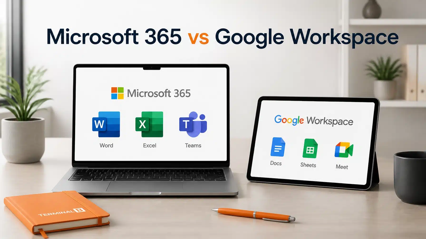 Comparison of Microsoft 365 vs Google Workspace on modern devices in a professional setting with orange highlights.