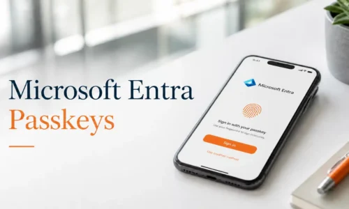 A professional biometric login screen representing Microsoft Entra passkeys for secure authentication.