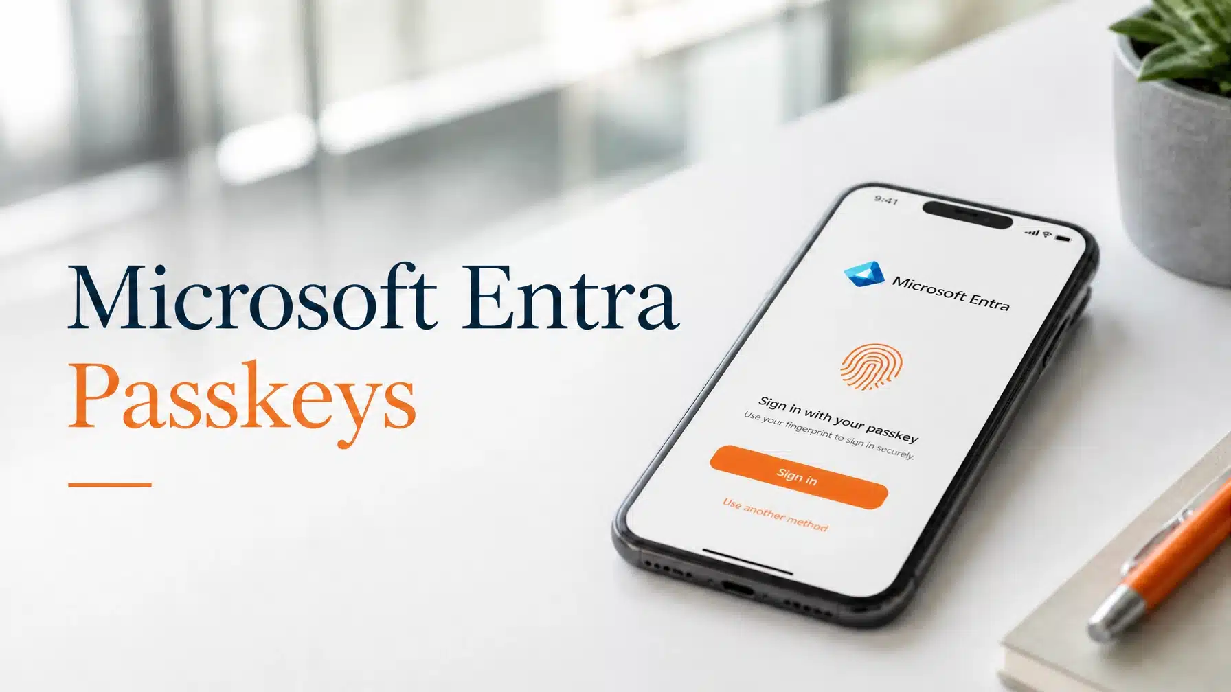 A professional biometric login screen representing Microsoft Entra passkeys for secure authentication.