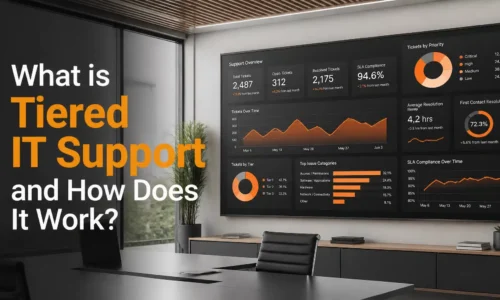 A modern office dashboard illustrating the tiered IT support model with orange brand highlights.