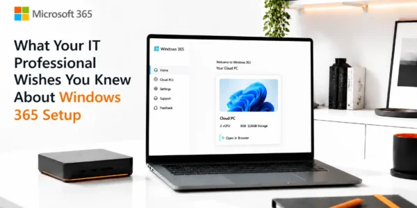 A professional minimalist workspace showing the Windows 365 setup on a modern device with orange brand highlights.