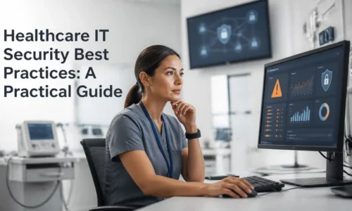 Healthcare IT security best practices dashboard with a professional reviewing ePHI protection and network security controls.