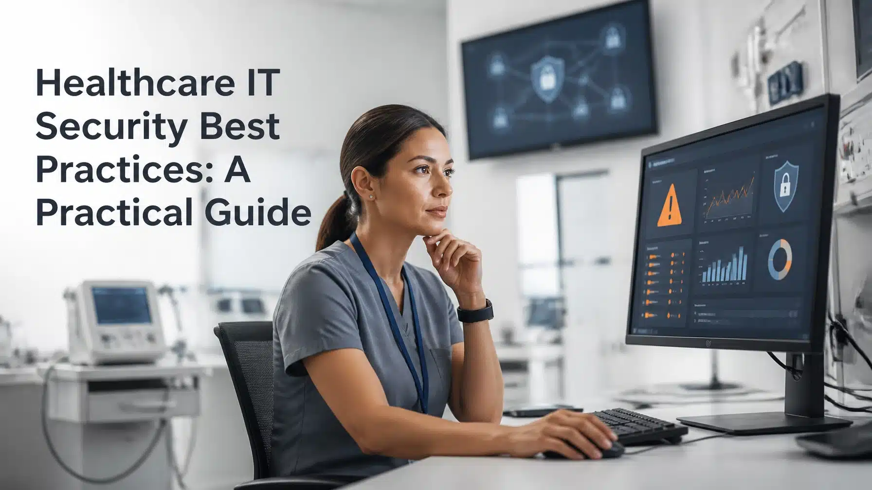 Healthcare IT security best practices dashboard with a professional reviewing ePHI protection and network security controls.