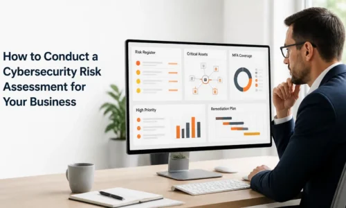Business leader reviewing a cybersecurity risk assessment dashboard with prioritized findings and orange highlights.