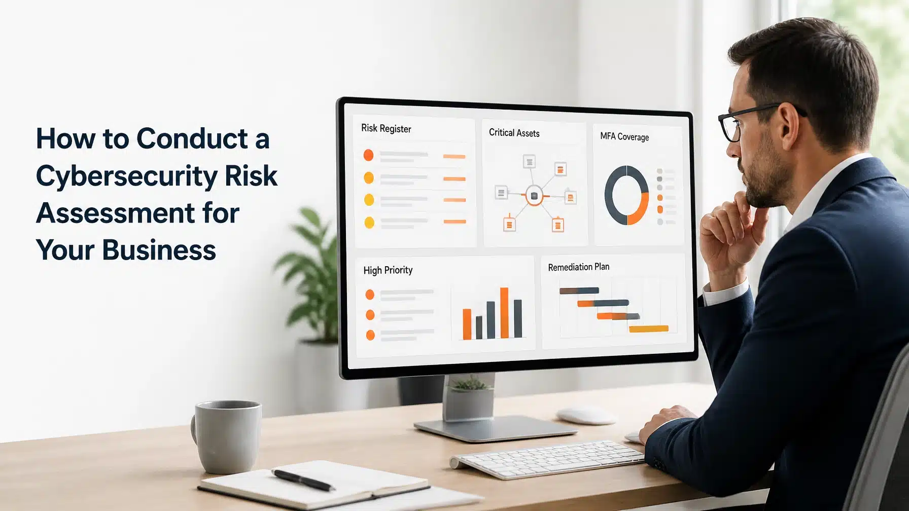 Business leader reviewing a cybersecurity risk assessment dashboard with prioritized findings and orange highlights.