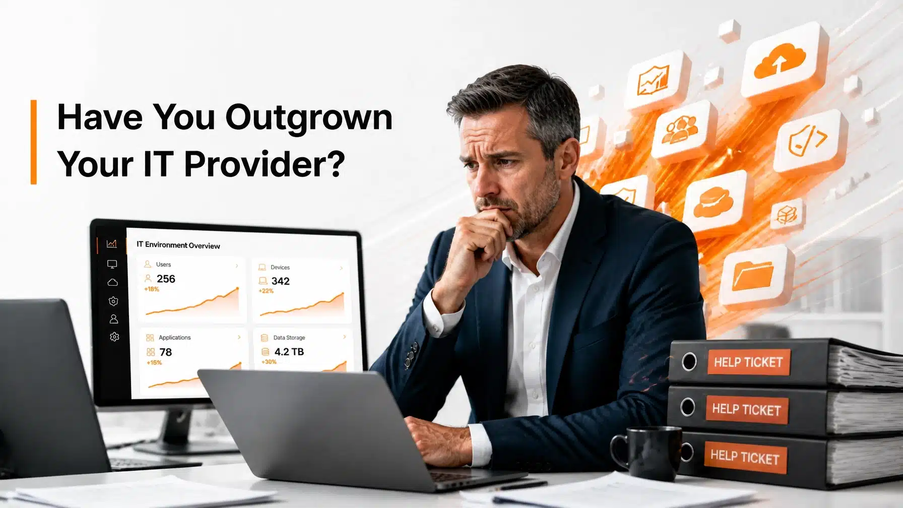 Scaling IT environment dashboard showing signs you have outgrown your IT provider with orange highlights.