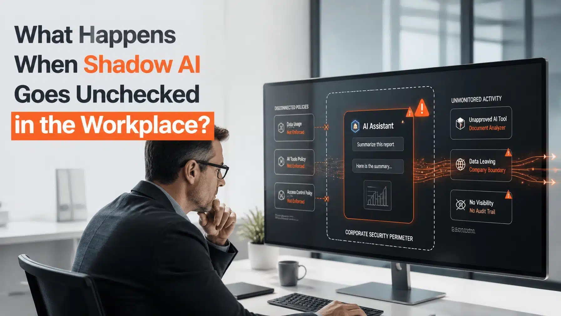 Business professional facing the security and operational risks of unchecked shadow AI in the workplace.