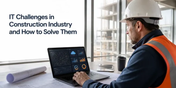 Construction project manager reviewing a secure jobsite technology dashboard to solve IT challenges in the construction industry.