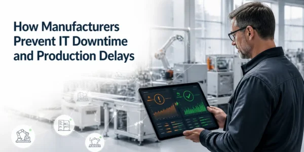 Manufacturing operations leader reviewing a production continuity dashboard to prevent manufacturing IT downtime and production delays.