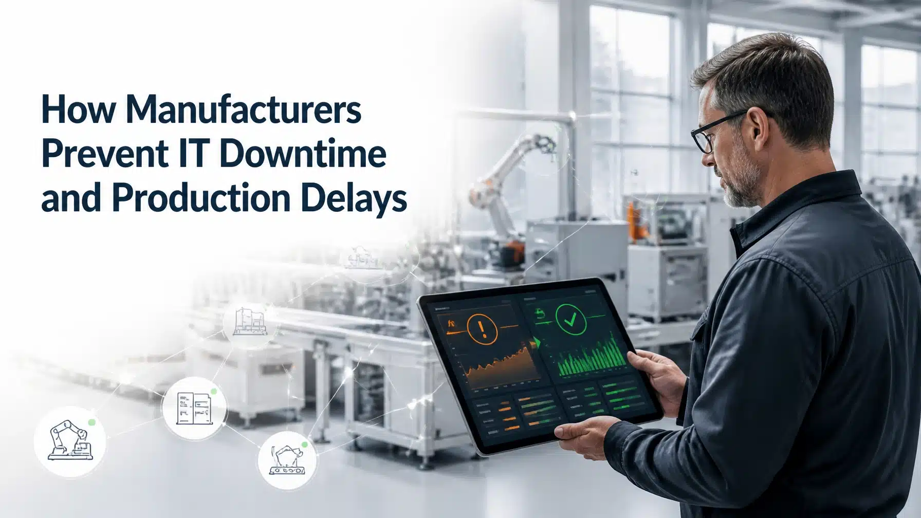 Manufacturing operations leader reviewing a production continuity dashboard to prevent manufacturing IT downtime and production delays.